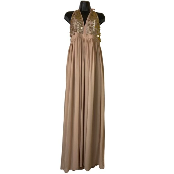 Fashion Nova XL Halter Maxi‎ Dress With Sequin Top & Flowing Skirt In Nude Beige - Picture 4 of 8